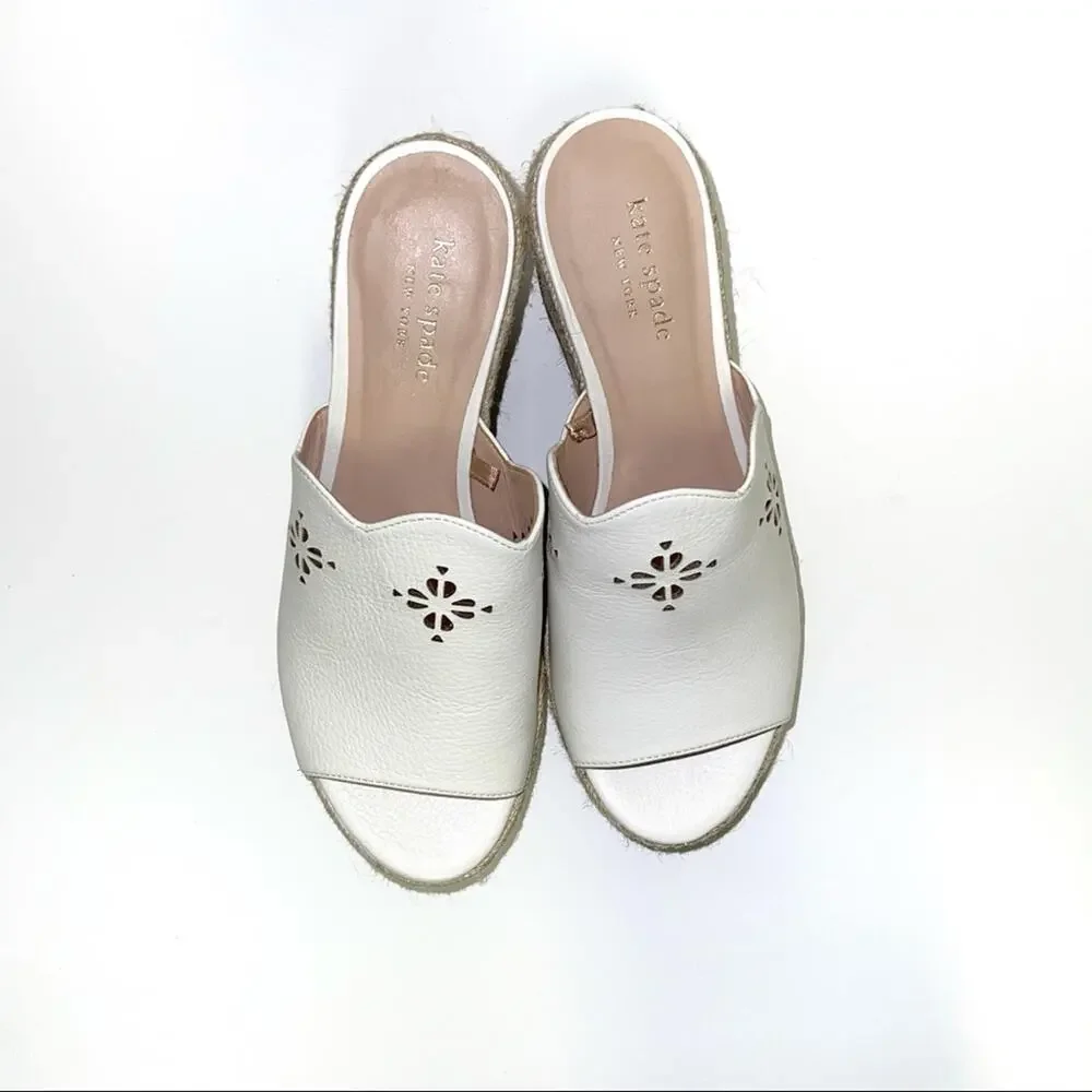Kate Spade Tia Espadrille Wedge Sandals Size 6 Leather Slides Laser Cutout
